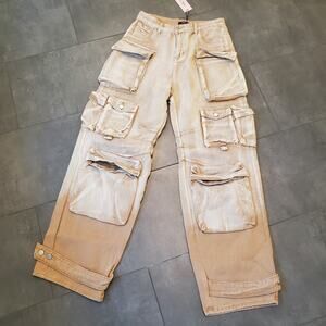NWT MICAS M Baggy Cargo Jeans Grunge Skater Acid Wash Denim Tan Brown Sz Medium